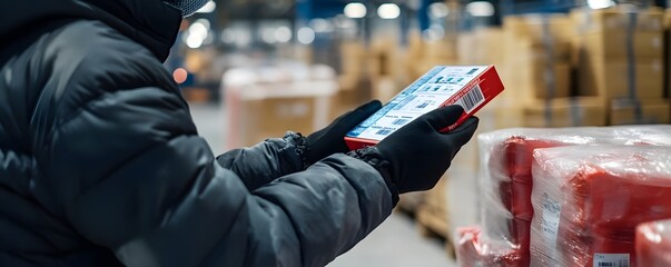 A worker in a warehouse using a handheld device to manage inventory amidst stacked boxes and packages.