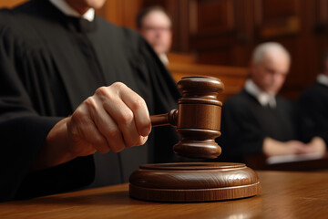 Male judge hand holding striking gavel to bang on sounding block in court room, pronounces verdict, close up detail.