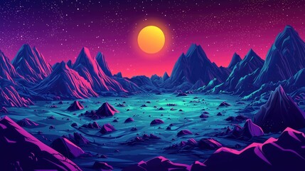Fototapeta premium Abstract Mountain Landscape with a Large Yellow Sun in the Starry Sky