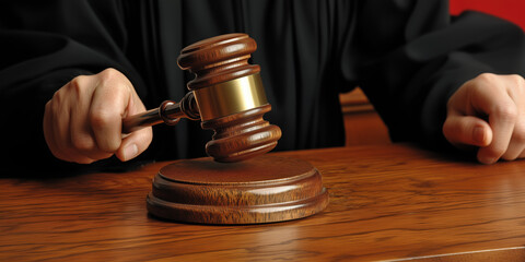 Male judge hand holding striking gavel to bang on sounding block in court room, pronounces verdict, close up detail.