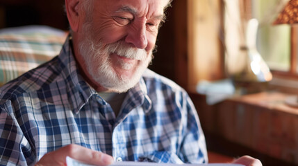 Senior citizen holding check symbolizing social security benefits, smiling with relief in cozy home setting, representing financial security and peace of mind.
