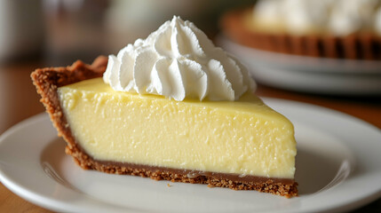 A rich and creamy slice of lemon pie with a smooth filling, set on a crumbly graham cracker crust and topped with a generous dollop of whipped cream.