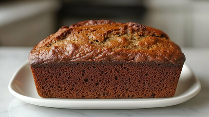 A rich and moist loaf of freshly baked banana bread, with a golden-brown crust and tender inside. Presented on a white plate, this homemade treat is perfect for breakfast or an afternoon snack.