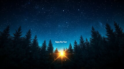 Naklejka premium Starry night sky above silhouetted trees with a bright sunrise, creating a peaceful and serene atmosphere.