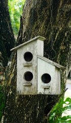 Old wooden bird house at tree