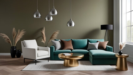 Modern luxury interiors designs. Empty painted wall.dark accent furniture and blank background.Bedroom interior trend 2024 year Modern luxury apricot room interior home designs