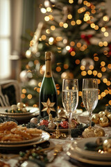 Table set for Christmas dinner: elegant plates, sparkling champagne, festive decorations.