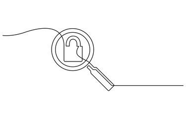Continuous line drawing of magnifying glass. One line of magnifying glass. Magnifier continuous line art Single one line drawing big hand holding magnifying glass highlights the padlock
