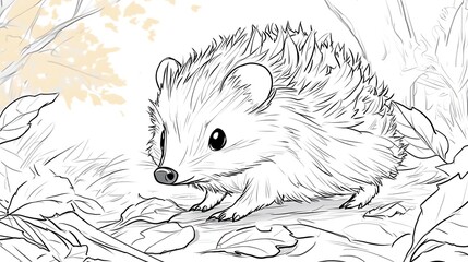 A friendly hedgehog waddling through a forest clearing, small leaves and twigs on its back, bold lines, low details, no shading, child-friendly design,