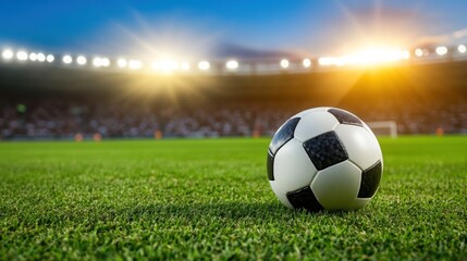 Fototapeta premium Soccer Ball on Grass Field with Stadium Lights and Crowd in Background