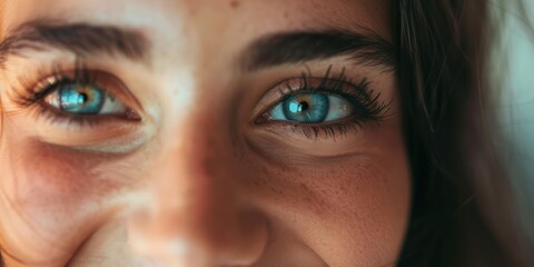Close-up of a woman's smiling face with bright eyes.