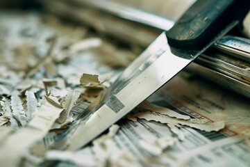 Close-up of a financial report being shredded a metaphor for the destruction of wealth in stock market crashes