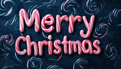 Candy cane styled Merry Christmas text on textured dark background.