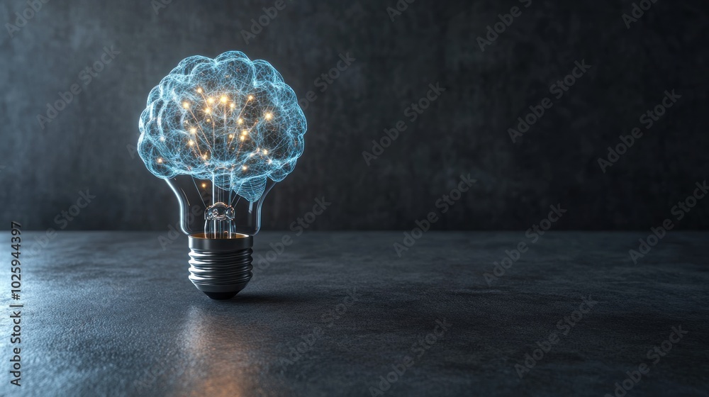 Poster a lightbulb shaped like a human brain with sparks of light inside