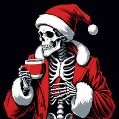 A humorous illustration of a skeleton dressed as Santa Claus, wearing a Santa hat and a red coat, holding a steaming mug of hot chocolate.