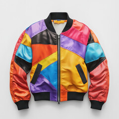 Colorful bomber jacket with rainbow-colored pattern fluttering in the wind in an urban setting, standing out against a grey background.