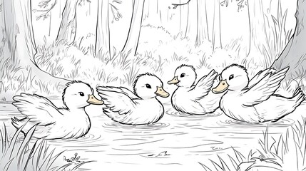 A group of ducks waddling around a forest clearing, some with their wings spread, surrounded by simple trees and grass, bold lines, low details, no shading, child-friendly design,