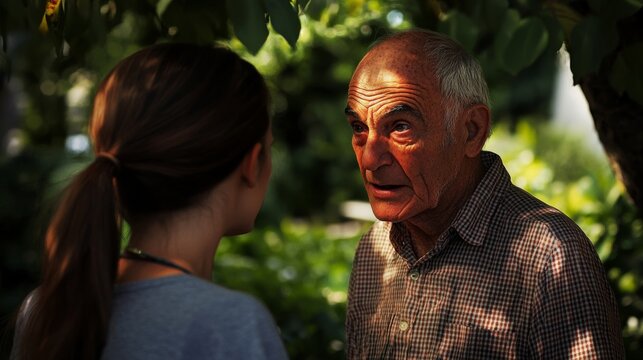 A heartfelt conversation between generations in a lush garden, revealing life stories and wisdom through shared moments.