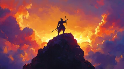 A lone warrior stands atop a mountain, silhouetted against a fiery sunset, holding a katana.