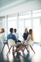 Mentor, workshop and talking with business people in office for meeting, training or equality....