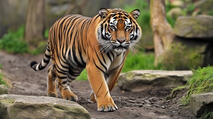 Obraz premium A majestic natural scene featuring a large tiger in its habitat, showcasing its powerful physique and striking orange and black stripes. The tiger is captured in a moment of calm, 