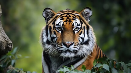Fototapeta premium A majestic natural scene featuring a large tiger in its habitat, showcasing its powerful physique and striking orange and black stripes. The tiger is captured in a moment of calm, 