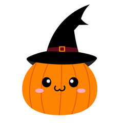 cute cartoon pumpkins with kawaii eyes for Halloween holiday, Thanksgiving Day. Orange autumn pumpkin with smile. Vector flat illustration.