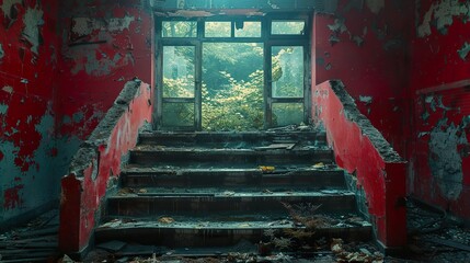 Abandoned Building Staircase with Overgrown Window