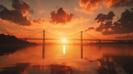 Fototapeta premium Golden sunset over a bridge reflecting in water, creating a stunning evening view. Nature’s beauty captured in splendid colors.