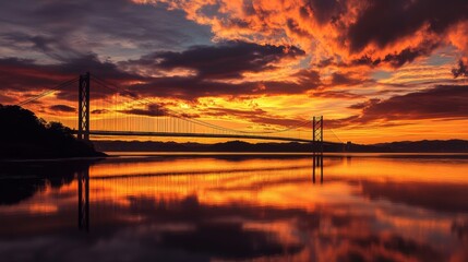 Stunning sunset over a bridge reflecting in calm waters with dark clouds and vibrant colors illuminating the sky.