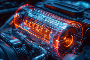 Close-up of a glowing electric engine prototype part of an eco-friendly supercar concept