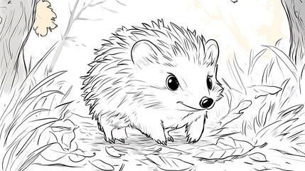 Obraz premium A happy hedgehog waddling slowly through the forest, small leaves on its back, surrounded by scattered grass and bushes, bold lines, low details, no shading, child-friendly design,