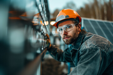 Caucasian engineer wearing protective glasses, reflection workwear inspecting solar panels, manufacturing, production line