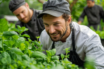 executive chef advice colleague select organic herbs in the garden, outdoor, multi generation