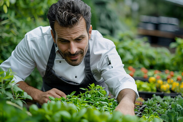 executive chef advice colleague select organic herbs in the garden, outdoor, multi generation