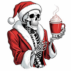 A humorous illustration of a skeleton dressed as Santa Claus, wearing a Santa hat and a red coat, holding a steaming mug of coffee.