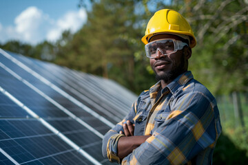 Headshot of African-American engineer wearing protective glasses inspect solar panels, high quality