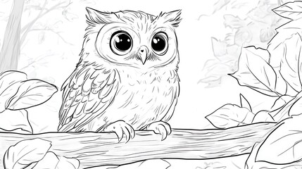 Fototapeta premium A happy owl with big eyes perched on a low branch, simple leaves around, bold lines, low details, no shading, child-friendly design, minimal forest setting --ar 16:9 --sref https://s.mj.