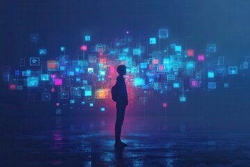 Silhouette with digital icons representing social media and technology