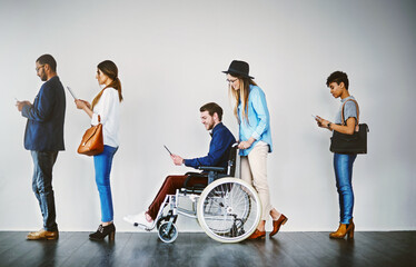 Employment, people or waiting in office for interview with inclusion, tech or company hiring. Group diversity, candidates or man with disability in line for equality in recruitment at human resources
