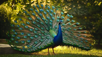 Obraz premium A vibrant peacock with its feathers fully spread, displaying its beautiful plumage in a natural setting.