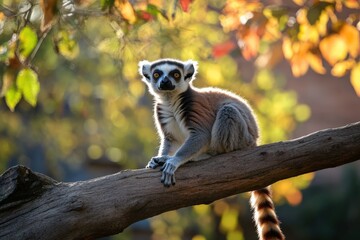 Obraz premium Lemur on Tree Branch: Wildlife Photography of Madagascar Ring-Tailed Animal