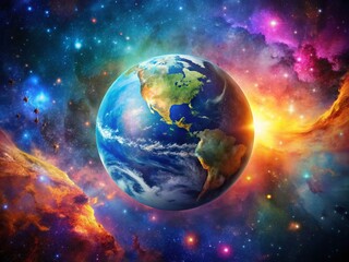 Double Exposure of Paper Planet Earth in Galaxy with Stars and Planets for Stellar Imagery