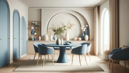 A chic modern dining room with a blue-themed color palette, showcasing a round table, stylish chairs, and decorative vases. Natural light floods the space, creating a sophisticated yet cozy ambiance.