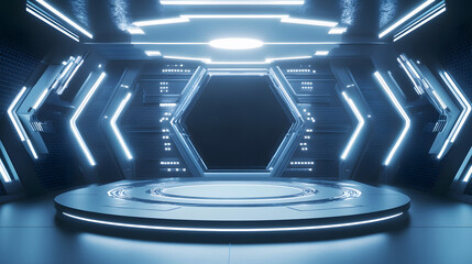 A futuristic room with a large hexagonal window and a blue floor