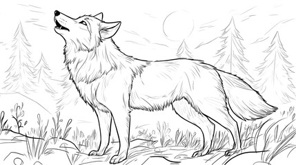 A majestic wolf howling at the moon, standing on a small hill, simple tree silhouettes in the background, bold lines, low details, no shading, child-friendly design,