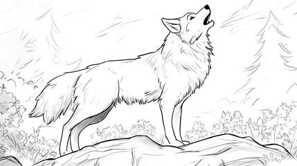 A majestic wolf howling, standing on a rock with a simple tree silhouette behind, surrounded by small bushes, bold lines, low details, no shading, child-friendly design,