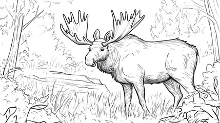 A moose with massive antlers standing in a grassy clearing, surrounded by simple bushes and scattered leaves, bold lines, low details, no shading, child-friendly design,