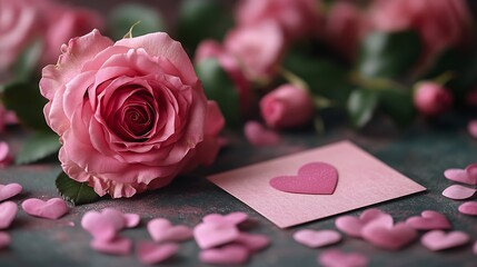 Pink weddingthemed background with blooming flowers and hearts a beautiful card displayed next to a rose symbolizing love and celebration ideal for Valentines Day or romantic events