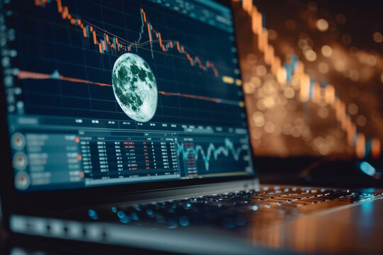 Close-up of a laptop screen with a Bitcoin trading platform graph line extending off-screen towards a moon image - Powered by Adobe